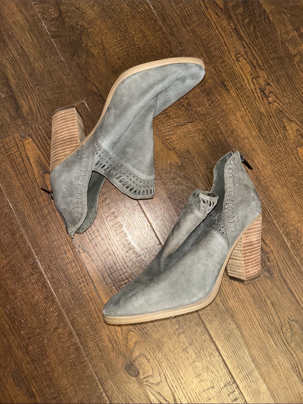 Vince Camuto Gray Suede Stacked Heel Ankle Booties